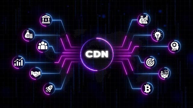 C D N Network Technology Concept with Financial Growth and Data Transfer Symbols on Dark Background with Neon Lights
