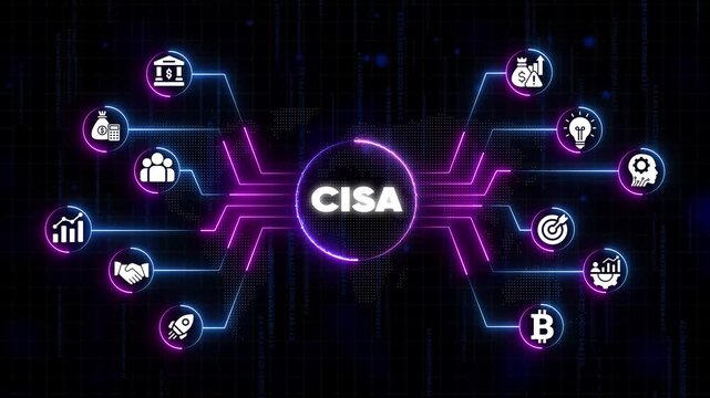 C I S A Cybersecurity Infographic Network Security Concept with Neon Lights and Data Flow CISA
