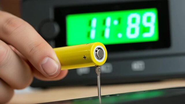 Close-up of hand holding yellow digital multimeter with green LCD display