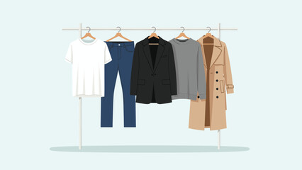 A minimalist display of men's clothing on hangers, featuring a white t-shirt, blue jeans, a black blazer, a grey sweater, and a beige trench coat.