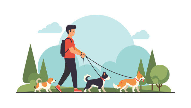 A man walking three dogs in a park on a sunny day, with trees and clouds in the background, illustrating outdoor activity and pet care.