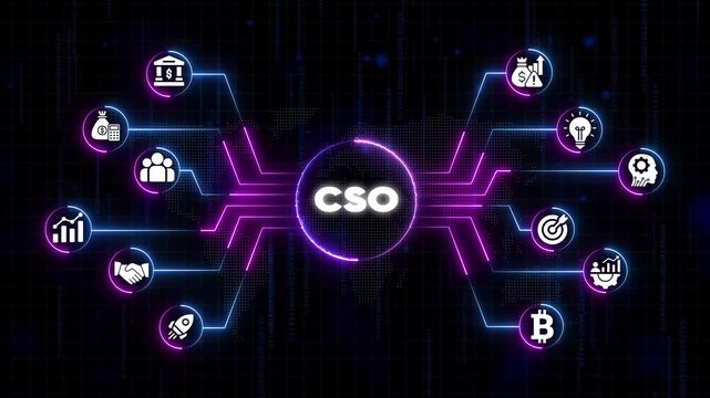 C S O Chief Security Officer Cybersecurity Concept with and Neon Lines on Dark Background with Binary Code