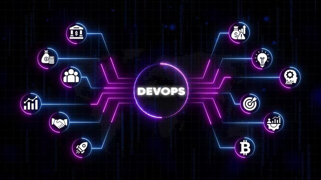 Dev Ops Concept with Neon and Lines on Dark Background Representing Technology and Innovation devops