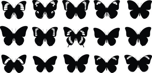 Fototapeta premium Butterfly silhouettes set featuring diverse wing shapes and patterns, isolated black vector illustration collection for nature design, tattoo art, decorations, wildlife graphics, and creative projects