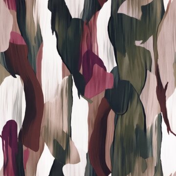 Dynamic abstract artwork featuring earthy greens, soft pinks, and deep reds on a white background, with fluid brushstrokes creating a flowing texture.