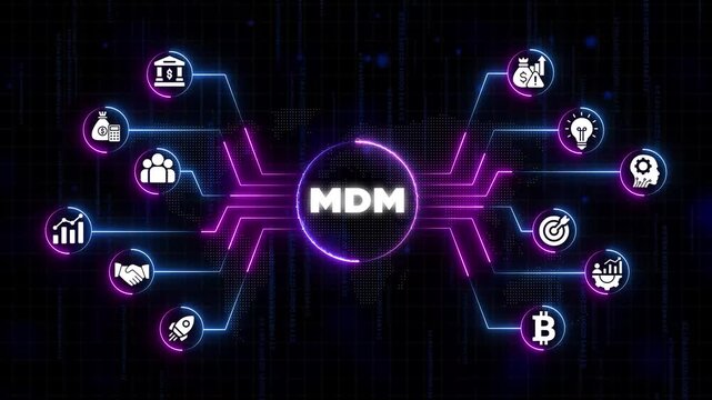 M D M Master Data Management Concept with Financial Technology and Neon Connections on Dark Background with Binary Code