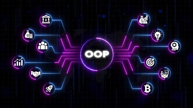 Oriented Programming Concept with Financial and Business on Neon Network Background financial business coding