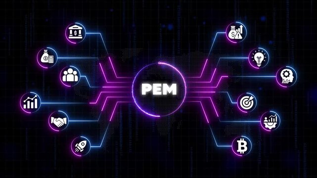P E M Digital Marketing Strategy Concept with and Neon Lines on Dark Background