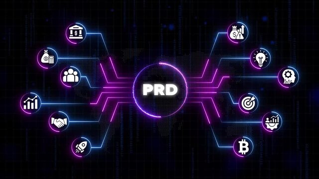 Product Requirements Document P R D Concept with Business Finance and Technology on Neon Background