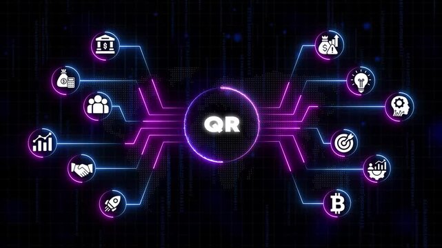 Q R code technology concept with financial business and cryptocurrency symbols on a futuristic neon background