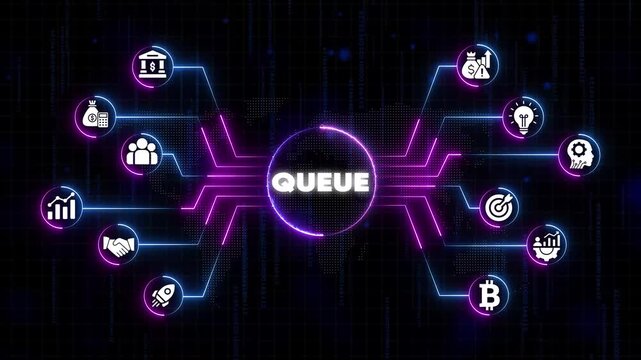 Digital Queue Concept with Financial and Technological on Dark Background with Neon Lights technology