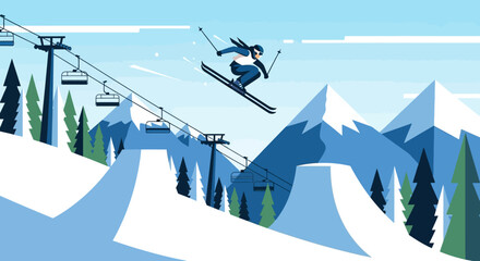 Dynamic Skier Jumping Over a Snow Ramp in a Mountain Ski Resort with Pine Trees and Chairlifts, Winter Extreme Sports Adventure © ndowi