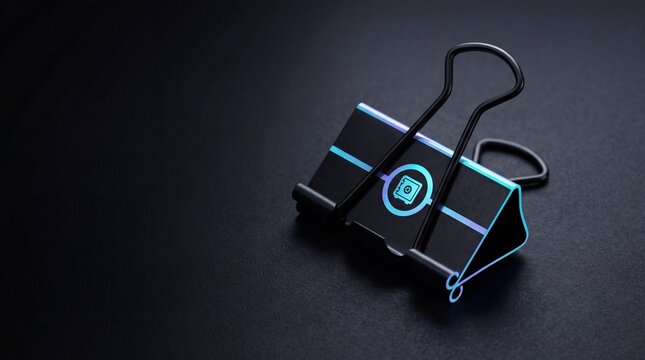 Data protection header with neon edged matte binder clip and secure vault symbol badge on dark minimal background with generous copyspace