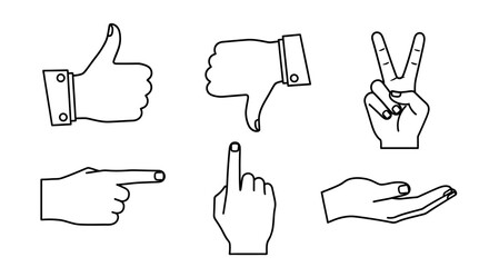 Obraz premium Collection of Common Hand Gesture Icons: Thumbs Up, Thumbs Down, Peace Sign, Pointing Finger, and Open Palm, Isolated White Background