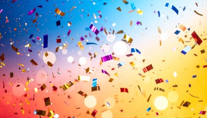 Colorful confetti falling on gradient background from blue to orange and yellow in festive celebration