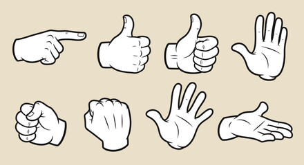 Set of various cartoon hand gestures displaying common signs like thumbs up, pointing, and open palm on a light background