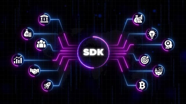 Software Development Kit Concept with Financial and Technological on Neon Network Background technology