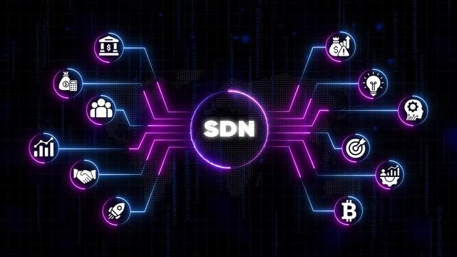 Software Defined Networking S D N Concept with and Neon Lines on Dark Background with Binary Code technology