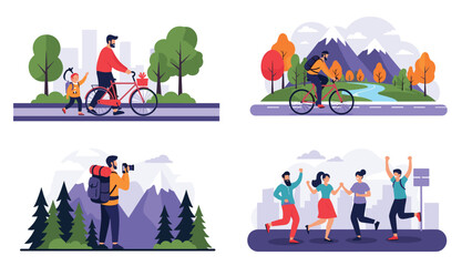 Fototapeta premium Group of people enjoying active lifestyles with outdoor hobbies like cycling, hiking, and dancing in different parks.