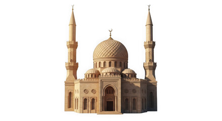 Fototapeta premium Majestic islamic mosque with ornate dome and twin minarets, sandy stone architecture, isolated on transparent background.