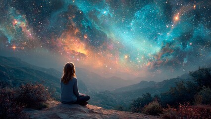 Rear view of young woman sitting on mountain rock watching colorful galaxy and starry night sky