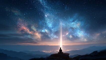 Silhouette of person meditating on mountain peak with glowing light beam under starry galaxy sky