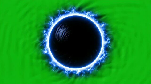 Futuristic black hole portal with blue electric energy ring on green screen