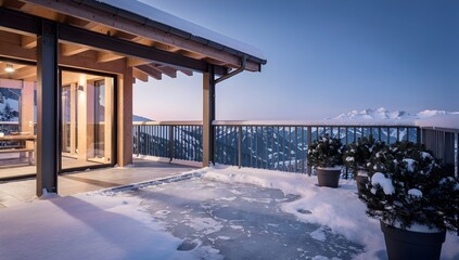 Naklejka premium Cosy wooden mountain cabin balcony with chairs overlooking a breath taking snowy alpine landscape during a serene winter morning at sunrise, travel adventure background