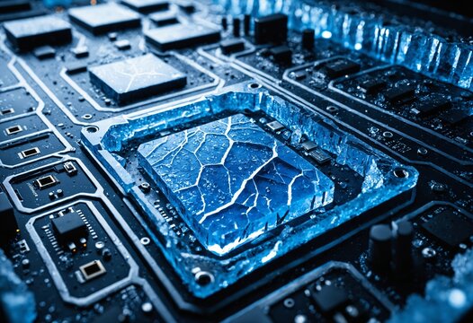 Macro of frozen microchip processor with cracked ice texture and glowing blue light, extreme overclocking and cooling failure concept.