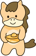 Fototapeta premium Cartoon brown horse holding a Chinese gold ingot.