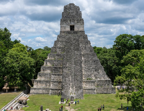 Tikal, Guatemala &ndash; Frontal view of Temple I (Great Jaguar Temple) photographed from the top of Temple II, overlooking the Great Plaza, the ceremonial core of Tikal, one of the most powerful and influe