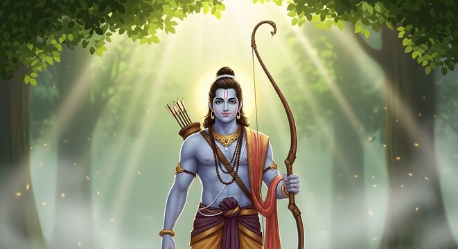 Lord Ram with bow and majestic background, made by Ai