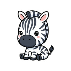 Naklejka premium Cute cartoon zebra with black and white stripes sitting down with pink cheeks and ears animal