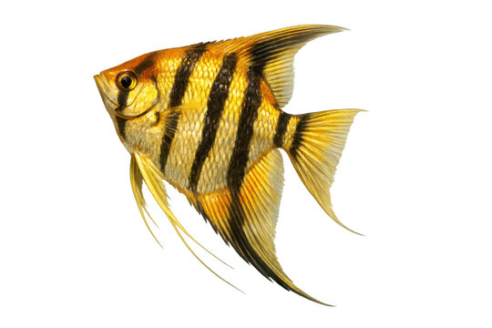 Angelfish pterophyllum scalare, a golden striped tropical freshwater fish swimming, isolated on transparent background