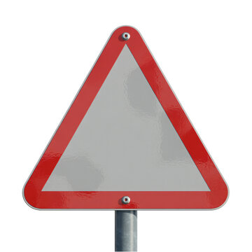 Blank warning sign in red border on metal pole in plain white background for safety signage