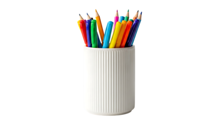 Colorful Pencils and Markers in a White Ribbed Holder