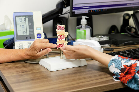 Fingers pointing on anatomical model of a spine on the desk