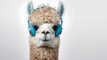 Obraz premium Cute fluffy llama with blue fur accents and gentle smile isolated on white background, expressing charm, friendliness, playful personality, and adorable animal character