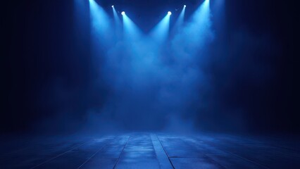 dark stage show with neon lights and spotlights on asphalt floor empty studio room with floating smoke dark blue background interior texture for product display with copy space banner 