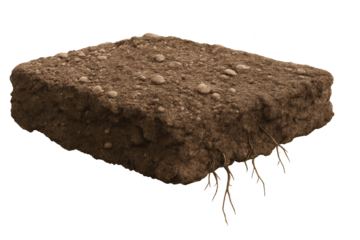Isolated rectangular chunk of soil with visible roots, small stones and textured top layer floating on a transparent background