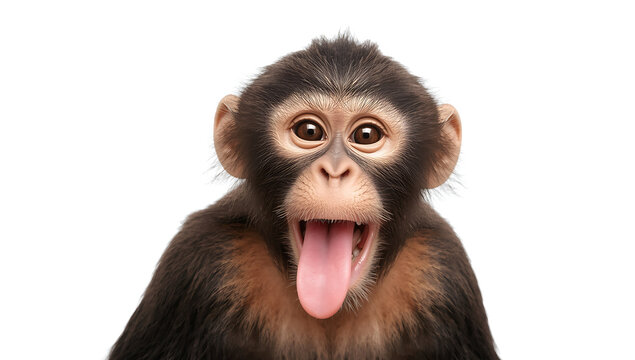 Funny monkey with dark brown fur and playful expression isolated on white background, capturing humor, curiosity, expressive emotions, and lively wildlife character energy