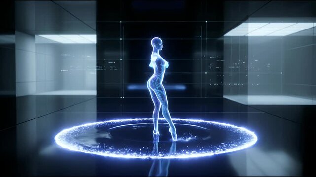 Futuristic blue hologram of ballerina dancing in digital space