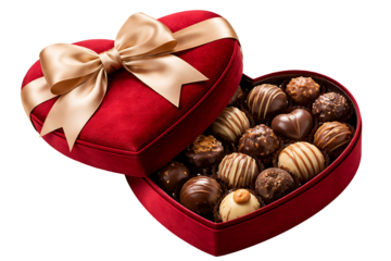 Luxury Valentine’s Day chocolate gift in red heart box, selection of pralines and candies isolated on bright backdrop