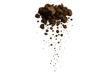 Clump of brown soil with scattered dirt particles falling and suspended against a clean transparent background