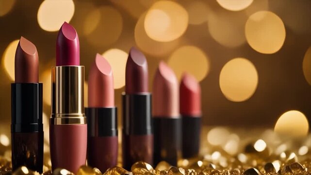 Assortment of Lipstick Shades in Gold and Black Cases with Golden Bokeh Background makeup beauty