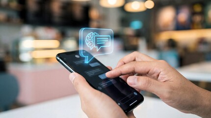 User interacts with smartphone displaying holographic artificial intelligence chatbot conversation interface technology