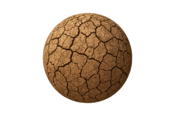 3D rendered spherical object covered in dry cracked earth texture, showing parched mud and fissured clay on a transparent background