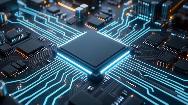 Close-up of a Central Processor on a Glowing Blue Circuit Board with Intricate Traces computer chip