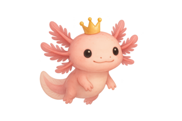Cute pink axolotl illustration wearing a small gold crown, smiling against a transparent background