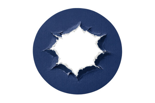 Torn blue paper creating an abstract jagged hole, revealing transparent background, a concept of breakthrough and new ideas